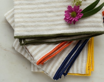 White Greige Striped Linen Napkins Set of 4 with Colorful Embroidered Edge