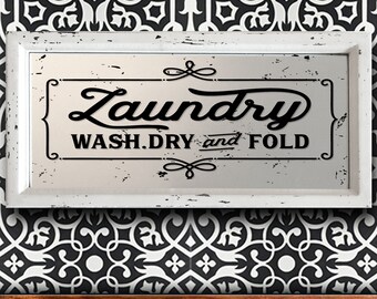 Laundry Room Sign I Distressed Finish on Wood Framed Mirror, 16.5" x 8.25"