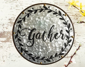 Galvanized Gather Sign with Rustic Wreath