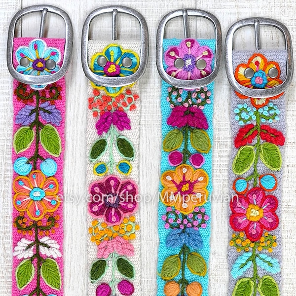 Embroidered belt floral colorful, wool embroidered belts, floral ethnic belt, boho belt, gifts for her, peruvian belt, floral ethnic belt