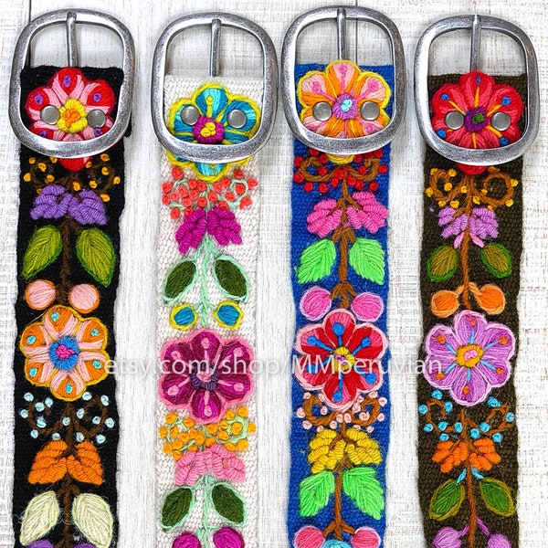 Ceinture brodée péruvienne floral, ceintures brodées en laine, ceinture ethnique florale, ceinture boho, ceinture brodée à la colorée