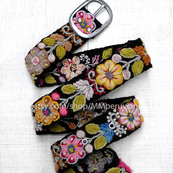 Peruvian embroidered belt floral BLACK natural organic dyes , belt natural colour, organic belt, floral ethnic belt, womens belts, boho belt