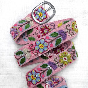 Peruvian embroidered belt floral PINK natural organic dyes, belt natural colour, organic belt, floral ethnic belt, womens belts, boho belt