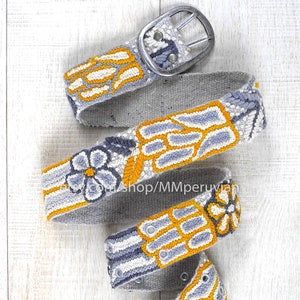Peruvian embroidered belt floral Yellow, wool embroidered belts, floral ethnic belt, boho belt, gifts for her, peruvian belts, peru belts