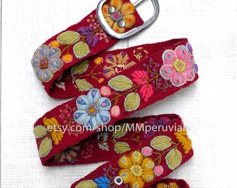 Peruvian embroidered belt floral RED natural organic dyes , belt natural colour, organic belt, floral ethnic belt, womens belts, boho belt