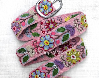Cinto bordado peruano floral PINK corantes orgânicos naturais, cinto cor natural, cinto orgânico, cinto étnico floral, cintos femininos, cinto boho