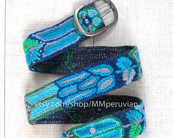 Cinto bordado peruano floral Blue Ocean, cintos bordados de lã, cinto étnico floral, cinto boho, presentes para ela, cintos peruanos, cinto peru