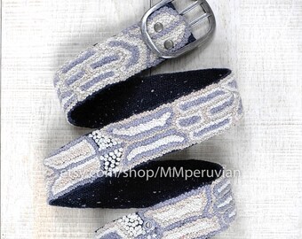 Peruvian embroidered belt floral Gray, wool embroidered belts, floral ethnic belt, boho belt, gifts for her, peruvian belts, peru belt