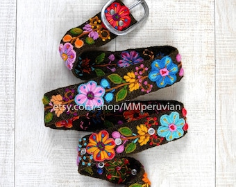 Ceinture brodée péruvienne floral marron, ceintures brodées en laine, ceinture ethnique florale, ceinture boho, ceinture brodée à la colorée