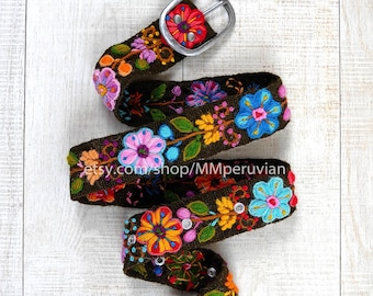 Peruvian embroidered belt floral Brown, wool embroidered belts, floral ethnic belt, boho belt, gifts for her, hand embroidered belt colorful