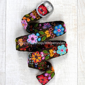 Ceinture brodée péruvienne floral marron, ceintures brodées en laine, ceinture ethnique florale, ceinture boho, ceinture brodée à la colorée