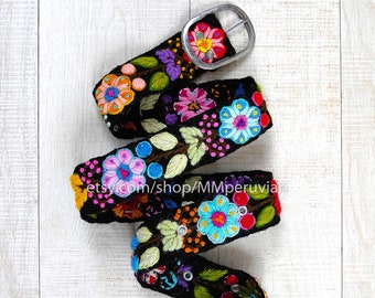 Cinto bordado peruano floral preto, cintos bordados de lã, cinto étnico floral, cinto boho, presentes para ela, cinto bordado à mão colorido