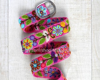 Cinto bordado à mão floral rosa, cintos bordados de lã, cinto étnico floral, cinto boho, presentes para ela, cinto peruano colorido