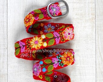 Peruvian embroidered belt floral Red, wool embroidered belts, floral ethnic belt, boho belt, gifts for her, hand embroidered belt colorful