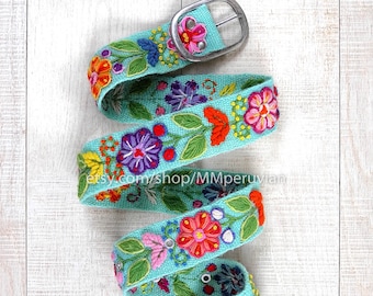 Hand embroidered belt floral Turquoise, wool embroidered belts, floral ethnic belt, boho belt, gifts for her, peruvian belt colorful