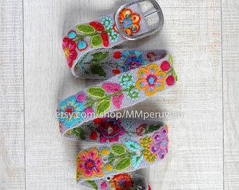 Cinto bordado peruano floral cinza, cintos bordados de lã, cinto étnico floral, cinto boho, presentes para ela, cinto bordado à mão colorido