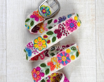 Peruvian embroidered belt floral White, wool embroidered belts, floral ethnic belt, boho belt, gifts for her, hand embroidered belt colorful
