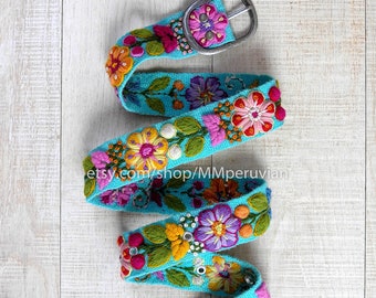 Cinto bordado peruano floral turquesa, cintos bordados de lã, cinto étnico floral, cinto boho, presentes para ela, cinto bordado colorido