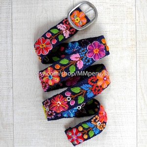 Peruanischer gestickter Gürtel mit Blumenmuster Blau, bestickte Wollgürtel, ethnischer Blumengürtel, Boho-Gürtel, Geschenke für sie