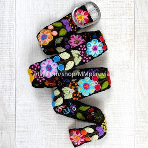 Ceinture brodée péruvienne floral noir, ceintures brodées en laine, ceinture ethnique florale, ceinture boho, ceinture brodée à la colorée
