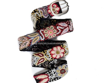 Cinto bordado preto com corantes orgânicos naturais florais, cinto de cores naturais, cinto orgânico, cinto étnico floral, cinto boho, ecológico