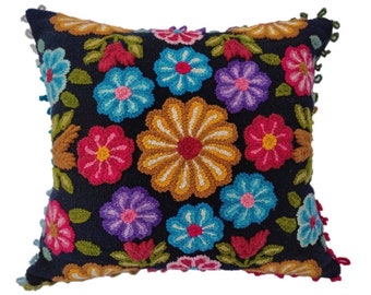 Black Flower Embroidered Cushion, Decorative Pillow Case, Bohemian Sofa Cushion Cover, Peruvian Cushion Cover, Colorful Wool Cushion.