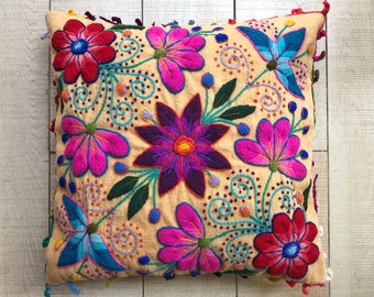 Ethnic Pillow Case, Flower Pillow Case, Bohemian Cushion Covers, Colorful Sofa Cushion, Embroidered Peruvian Pillows.