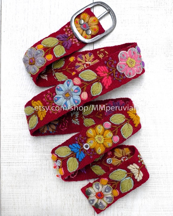 Peruvian Embroidered Belt Floral RED Natural Organic Dyes  display picture 2