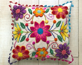 Fronha floral rosa, capa de almofada bordada, almofada decorativa para cama, almofada étnica para sofá, almofada peruana 40x40 cm