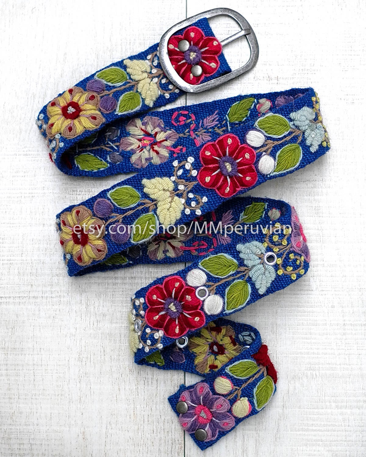Peruvian embroidered belt floral BLUE natural organic dyes , belt natural colour, organic belt, floral ethnic belt, womens belts, boho belt