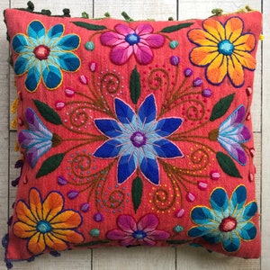 Bohemian Pillowcase, Colorful Embroidered Cushion Cover, Bed Decorative Pillow, Ethnic Sofa Pillow, Peruvian Pillow 16X16