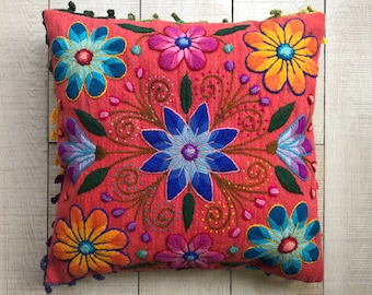 Bohemian Pillowcase, Colorful Embroidered Cushion Cover, Bed Decorative Pillow, Ethnic Sofa Pillow, Peruvian Pillow 16X16