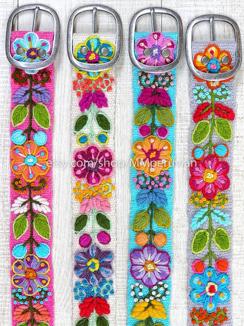 Ethno Gürtel, Perugürtel bestickt Gürtel mit Blumenmuster, gestickte Wollgürtel, ethnischer Blumengürtel, Boho-Gürtel, Geschenke für sie Bild 1