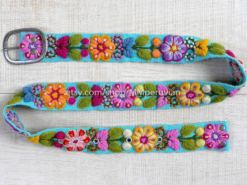 Ethno Gürtel, Perugürtel bestickt Gürtel mit Blumenmuster, gestickte Wollgürtel, ethnischer Blumengürtel, Boho-Gürtel, Geschenke für sie Bild 7