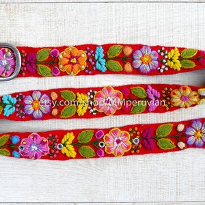 Hand embroidered belt floral colorful, peruvian embroidered belts, floral ethnic belt, boho belt wool, gifts for her, floral ethnic belt zdjęcie 9