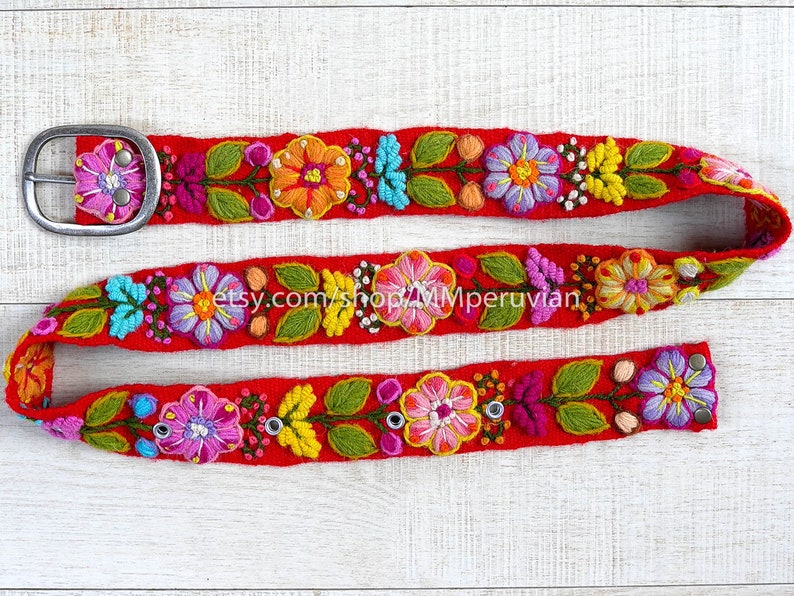 Hand embroidered belt floral colorful, peruvian embroidered belts, floral ethnic belt, boho belt wool, gifts for her, floral ethnic belt zdjęcie 9