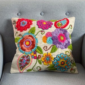 Embroidered boho pillow case, colorful pillow case, decorative cushion, handmade ethnic sofa pillow, Peruvian pillow