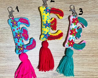 Embroidered keychain, special gift, backpack charm, bag charm, initial keychain, colorful letter keychain, handmade colorful letter.