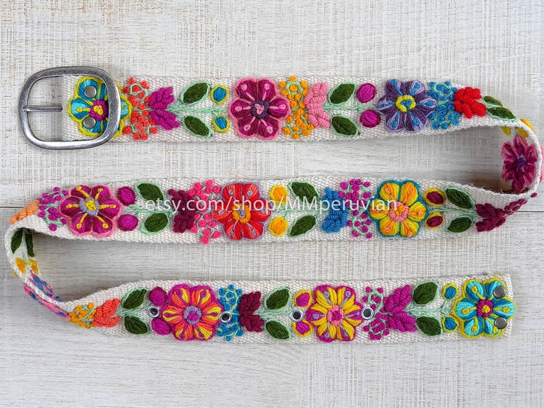 Hand embroidered belt floral colorful, peruvian embroidered belts, floral ethnic belt, boho belt wool, gifts for her, floral ethnic belt image 5