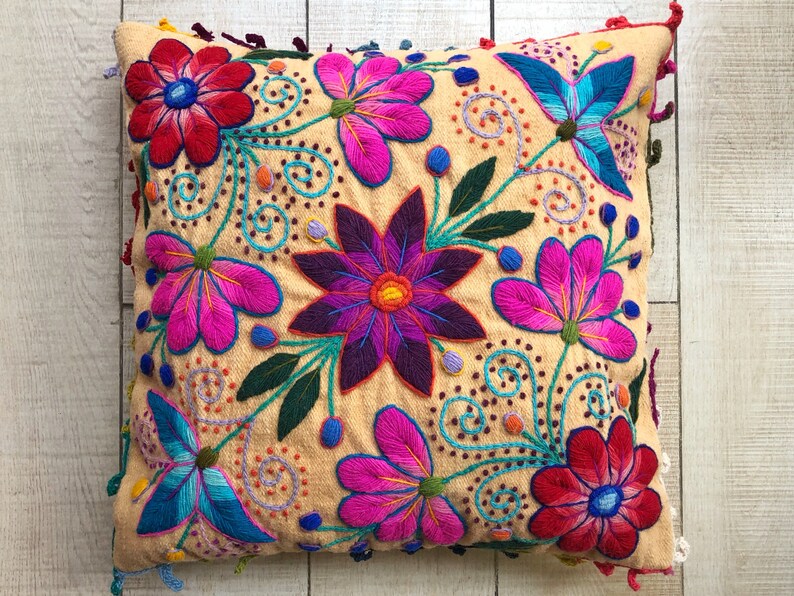 Embroidered Pillow Case 16 X 16 Colorful Floral Cushion Etsy