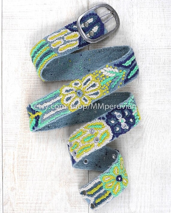 Peruvian embroidered belt floral Citron, wool embroidered belts, floral ethnic belt, boho belt, gifts for her, peruvian belts, peru belts