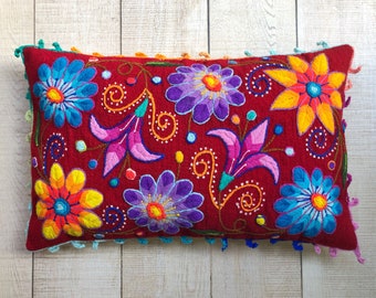 Colorful lumbar pillow cover, decorative pillow case, embroidered pillow case, boho cushion cover, bohemian home decor, Peruvian cushion.