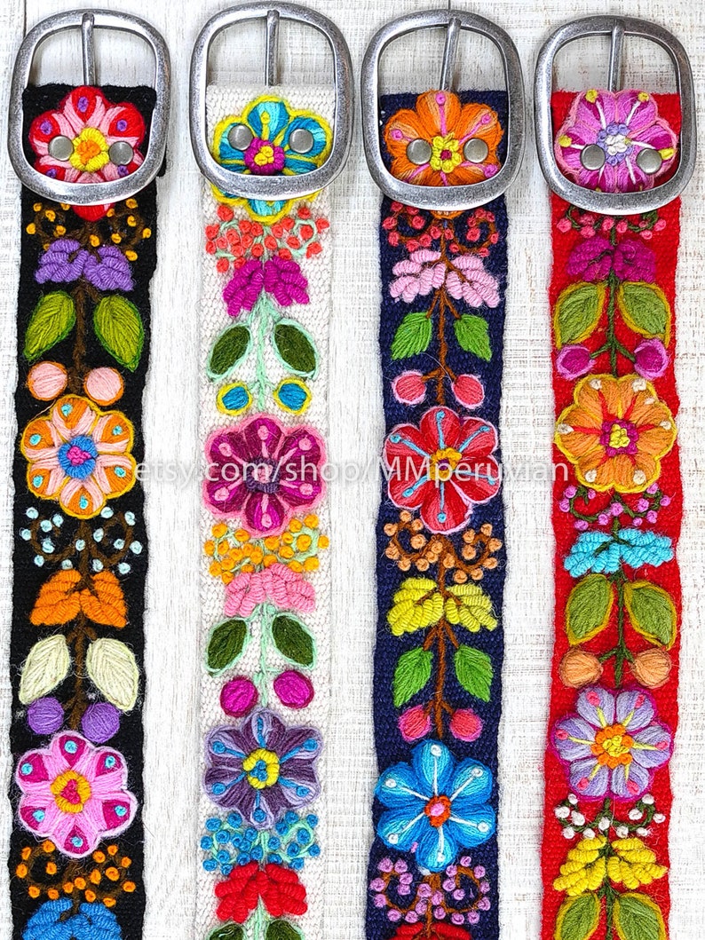 Hand embroidered belt floral colorful, peruvian embroidered belts, floral ethnic belt, boho belt wool, gifts for her, floral ethnic belt zdjęcie 1