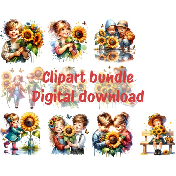 Cute  Watercolor Sunflower Clipart - Children Sunflower Clipart Bundle Instant Download PNG  School Projects Birthday Cards