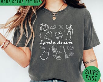 Spooky Season Comfort Colors Shirt, Halloween Ghost Skeleton Tee