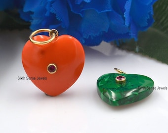 14K Gold Malachite Heart Pendant, Coral Heart Charm Pendant, Gemstone Heart Pendant, Crystal Heart Pendant, Gemstone Designer Heart Pendant