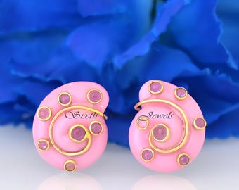 Handmade Sterling Silver Snail Shell Stud Earrings with Gemstones