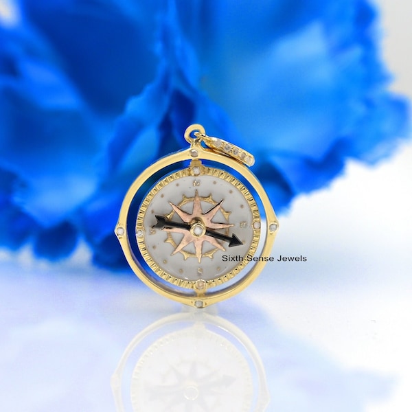 925 Silver Diamond Compass Pendant, Silver Diamond Compass Pendant, Sterling Compass Pendant, Elongated Compass Pendant, Compass Pendant