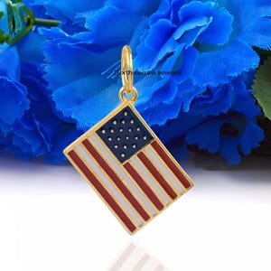 USA Flag Pendant 14k Solid Gold, Enameled United States Flag Pendant, American Flag Charms, USA Square Flag Pendant, Gold USA Flag Charm