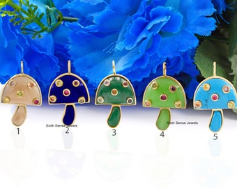14k Solid Gold Mushroom Pendant, Pave Mushroom Pendant, Magic Mushroom Pendant, Gemstone Mushroom Pendant, Wholesale Mushroom Pendant